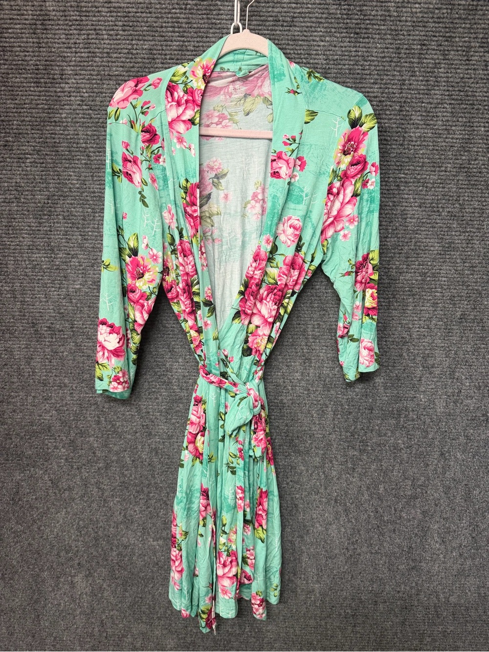 Posh Peanut Mint Floral Wrap Robe with Pink Blooms